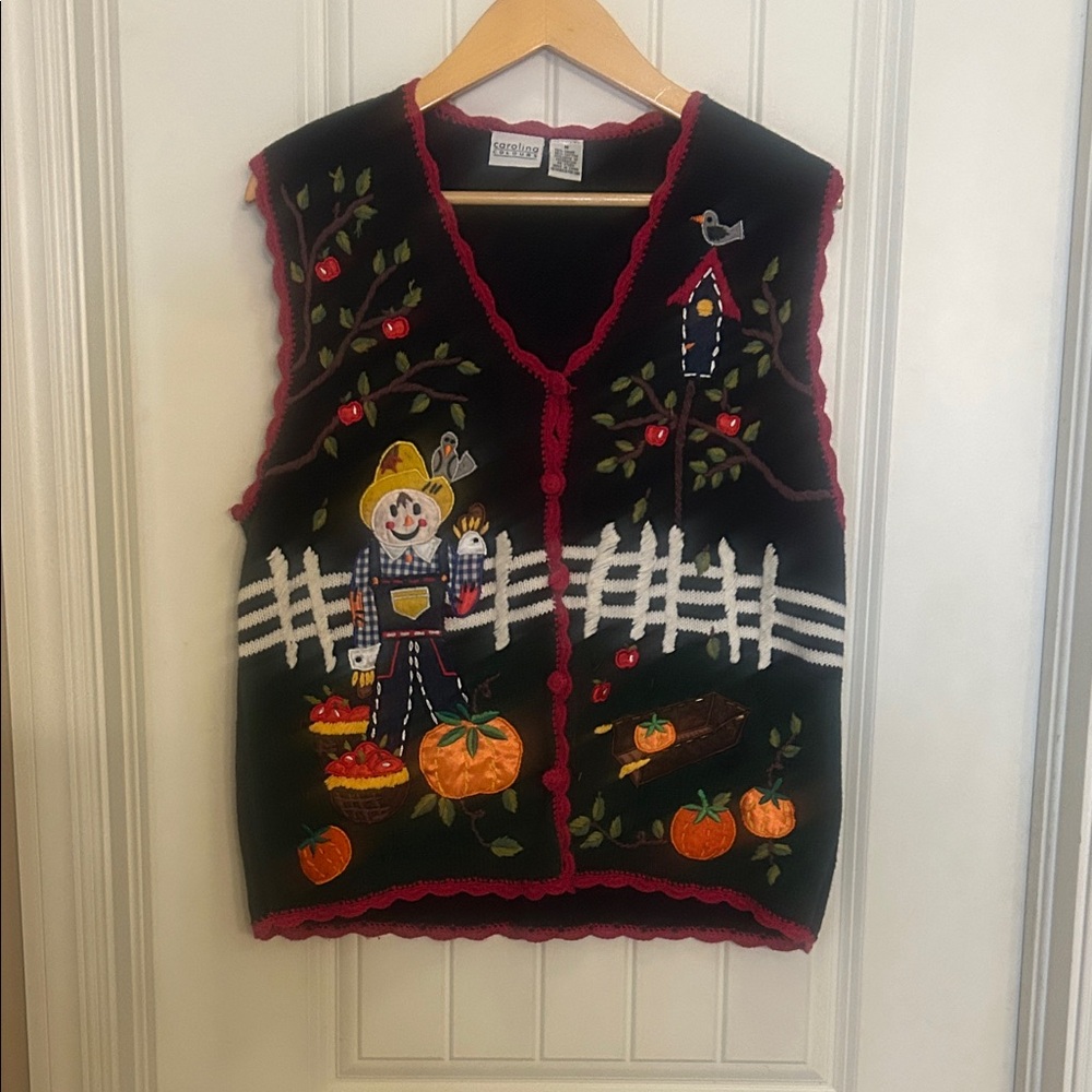 Vintage Storybook Knits Scarecrow Vest - Black with Red and Orange Accents